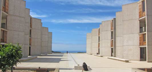 The Salk Institute in La Jolla was designed by architect Louis Kahn and named after Dr. Jonas Salk.
