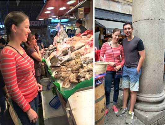 Spain - Best Local Private Guides: Capacine from France with local guide Quim in La Boqueria Market, Barcelona.