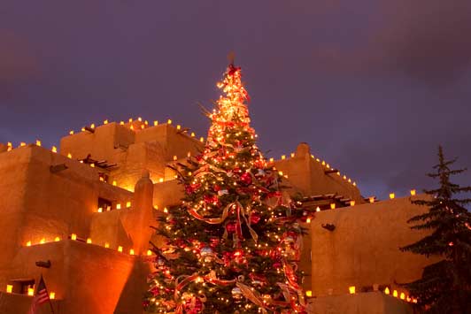 The holiday lighting at Inn and Spa at Loretto adds to the warm atmosphere of Christmas in Santa Fe. Photo Courtesy of the Inn and Spa at Loretto.
