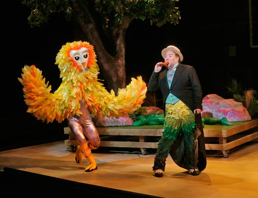 (L to R) David Gonsier as an owl and Levi Hernandez as Papageno in Opera Theatre of Saint Louis’ 2014 production of The Magic Flute. Photo Ken Howard.