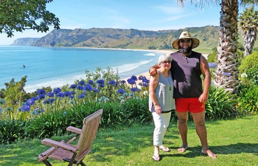 Some of our new friends from this trip: Judy Newell is the host of Rangimarie Beachstay on the East Cape and her neighbor Lehman Davies is a professional rugby player.