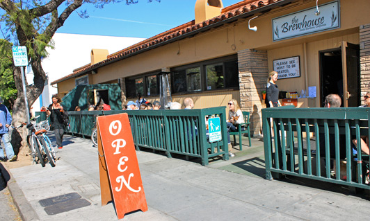 Relaxed outdoor drinking and dining at The Brewhouse, Santa Barbara, California.